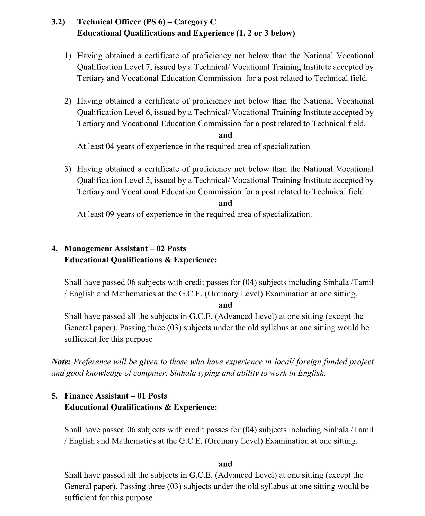 Management Assistant, Office Assistant, Financial Assistant, Technical Officer, Project Officer, Deputy Project Director - Ministry of Internal & Home Affairs & Provincial Councils & Local Government
