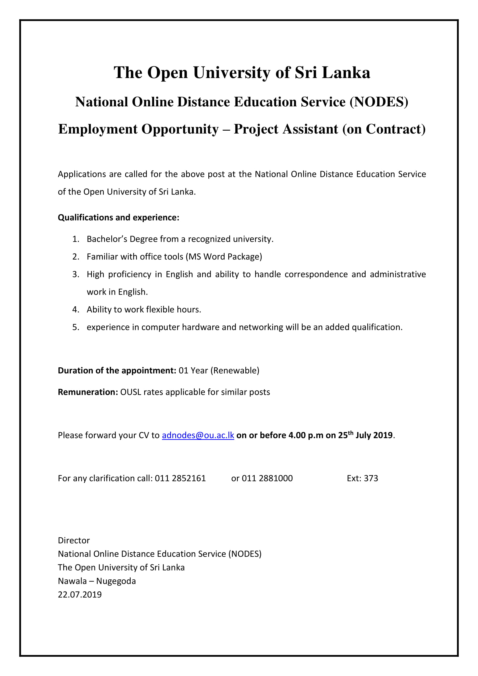 Project Assistant - The Open University of Sri Lanka