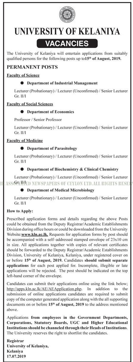 Senior Professor, Professor, Senior Lecturer, Lecturer - University of Kelaniya