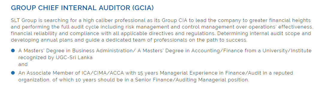 Group Chief Internal Auditor (GCIA) - Sri Lankan Telecom PLC