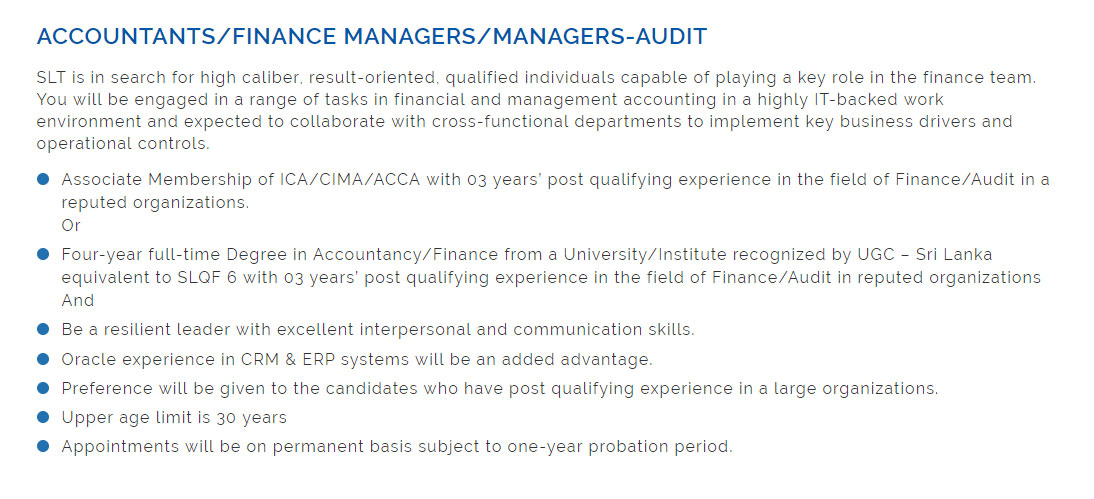 Accountant, Finance Manager, Manager (Audit) - Sri Lankan Telecom PLC