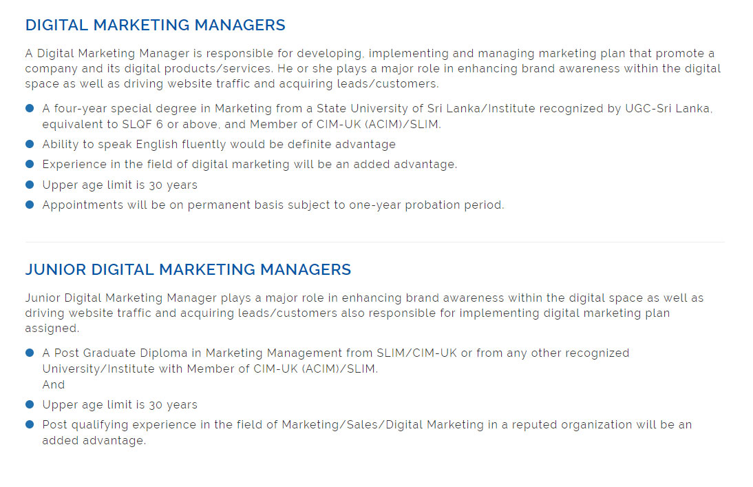 Digital Marketing Manager, Junior Digital Marketing Manager - Sri Lankan Telecom PLC