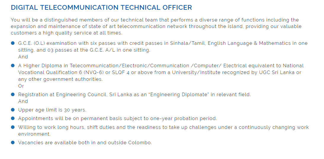 Digital Telecommunication Technical Officer - Sri Lankan Telecom PLC