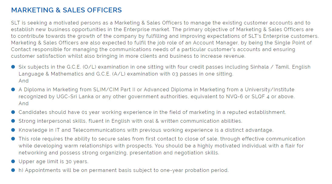 Marketing & Sales Officer - Sri Lankan Telecom PLC