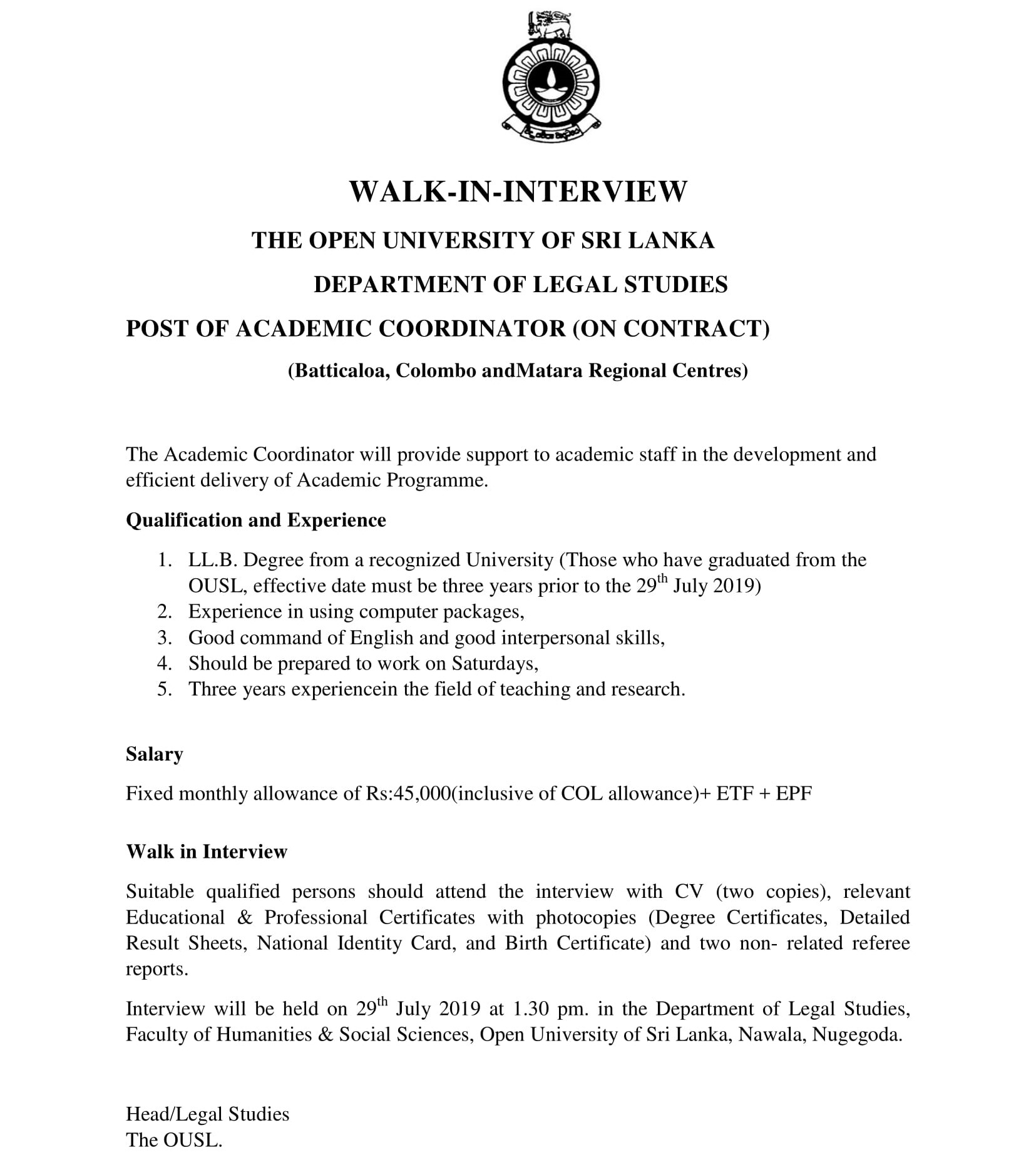 Academic Coordinator - The Open University of Sri Lanka