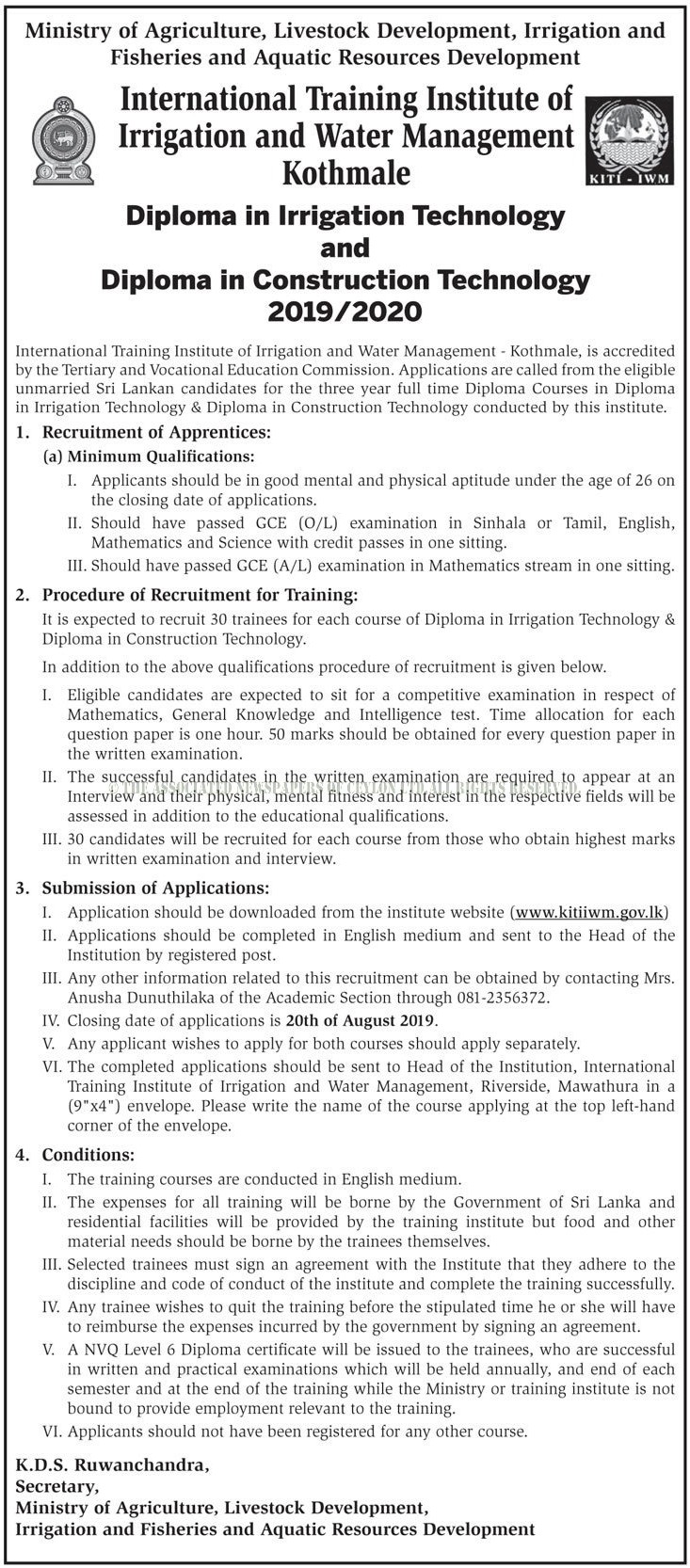 Diploma in Irrigation Technology, Diploma in Construction Technology - International Training Institute of Irrigation & Water Management - Kothmale