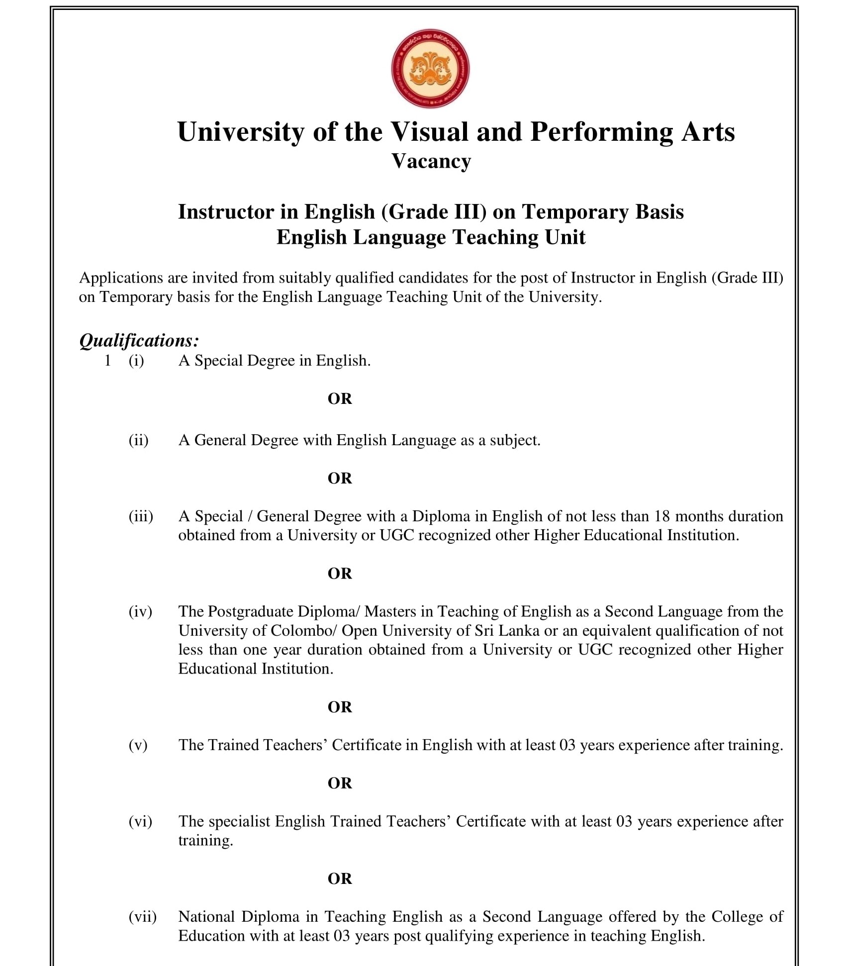 Instructor in English - University of the Visual & Performing Arts