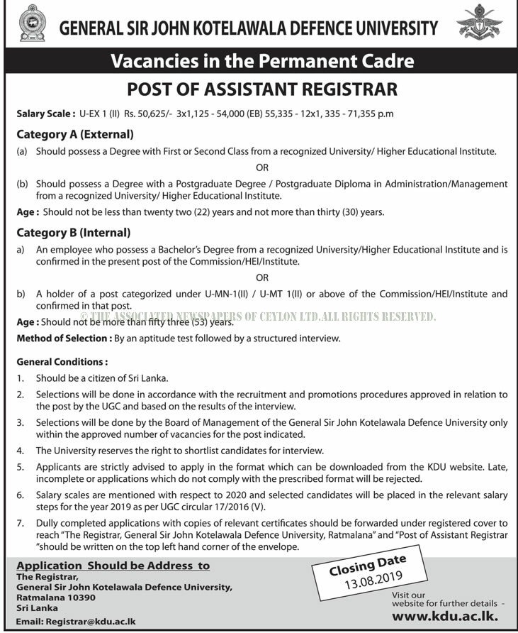 Assistant Registrar - General Sir John Kotelawala Defence University