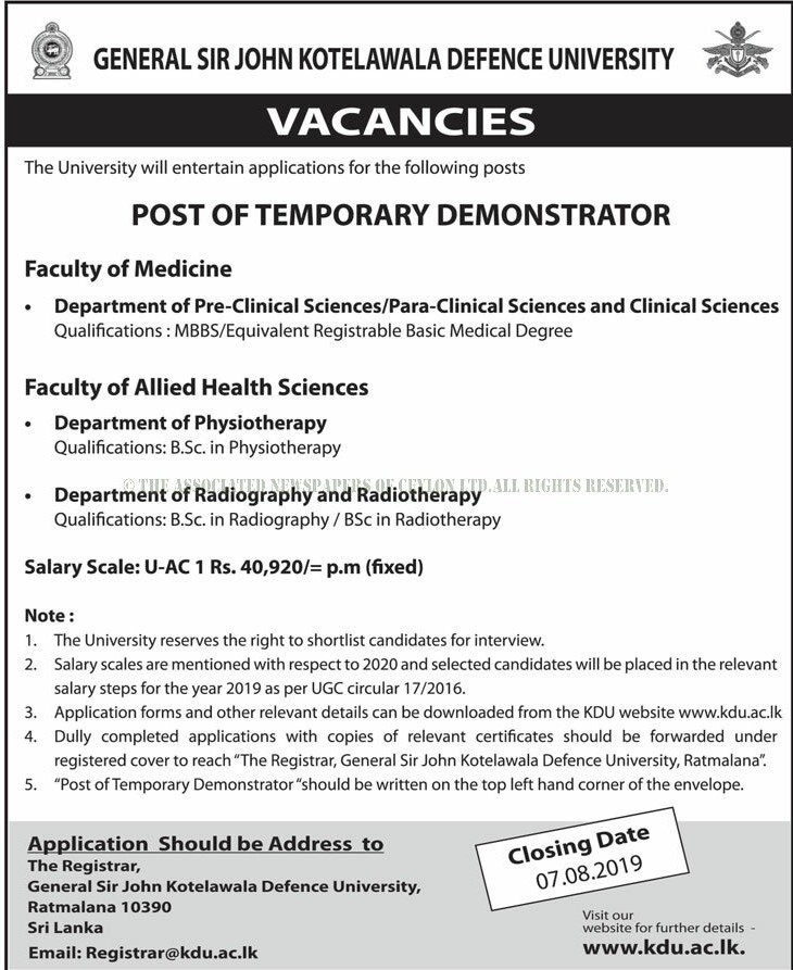 Demonstrator - General Sri John Kotelawala Defence University