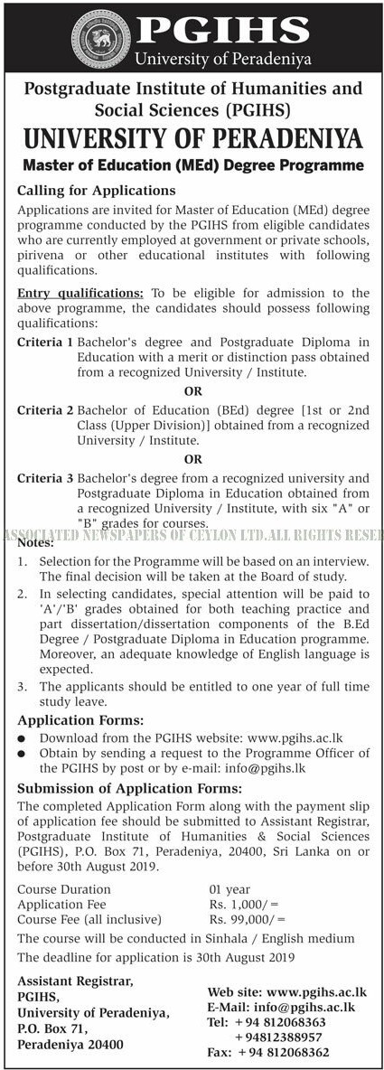 Master of Education (Med) Degree Programme - Postgraduate Institute of Humanities & Social Sciences (PGIHS) - University of Peradeniya