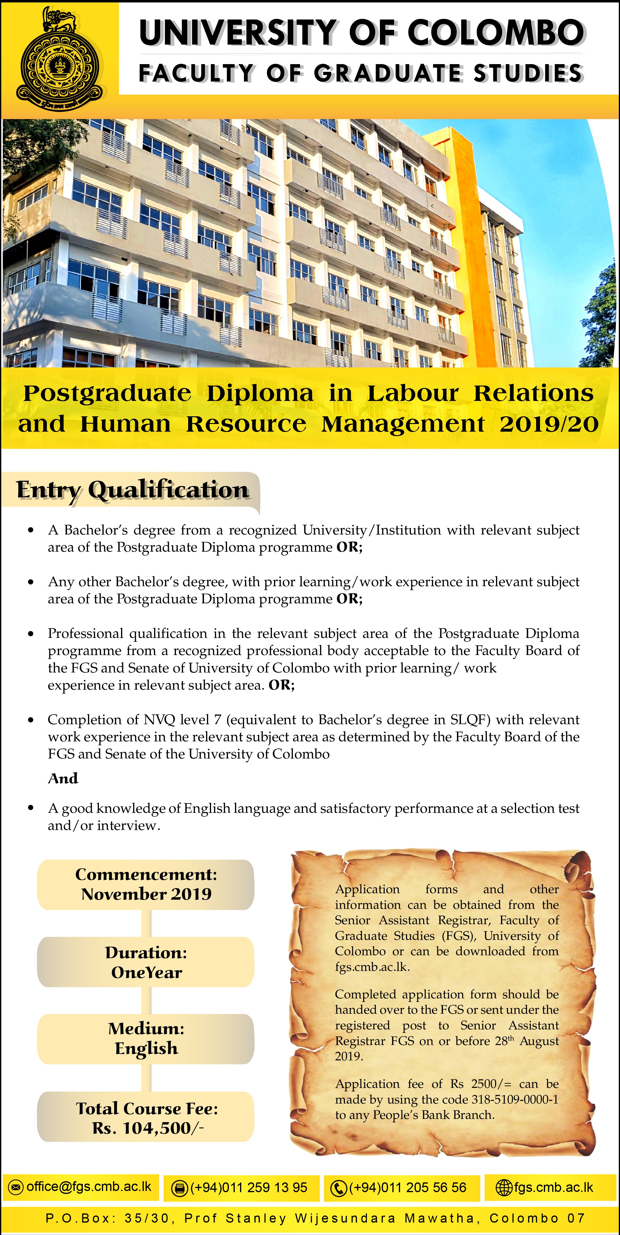 Postgraduate Diploma in Labour Relations & Human Resource Management 2019/20 - Faculty of Management & Finance - University of Colombo