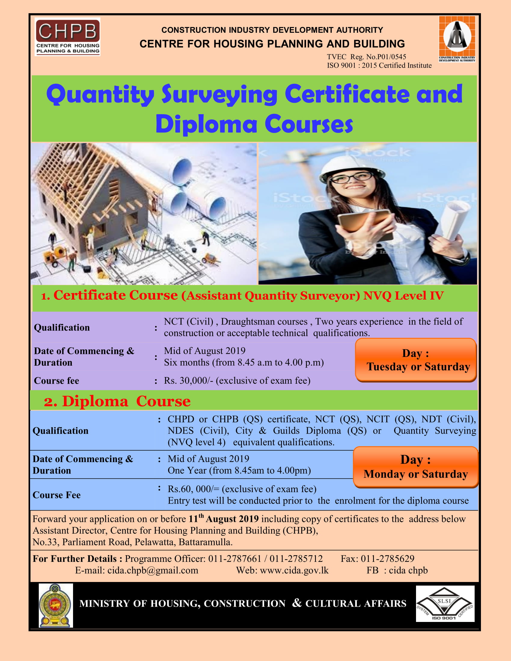 Quantity Surveying Certificate & Diploma Courses - Centre for Housing Planning & Building - Construction Industry Development Authority