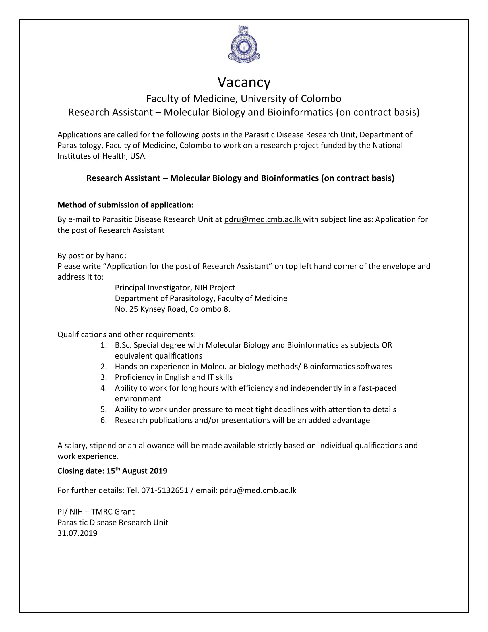 Research Assistant - University of Colombo