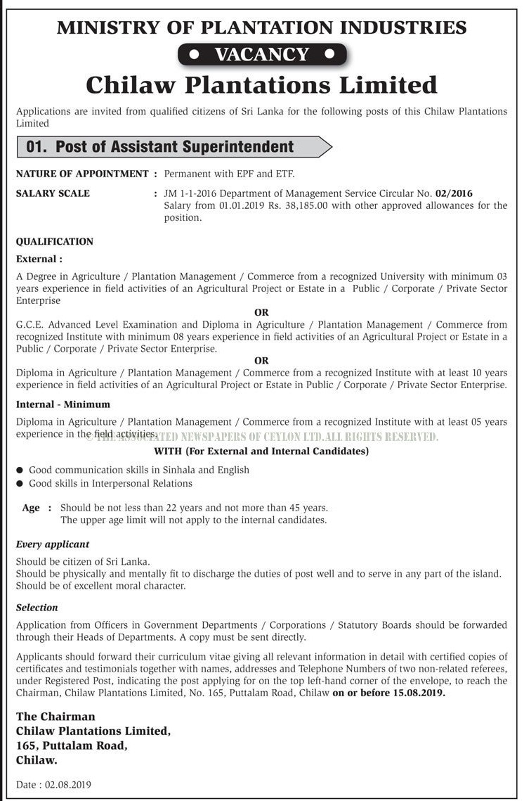 Assistant Superintendent - Chilaw Plantations Limited