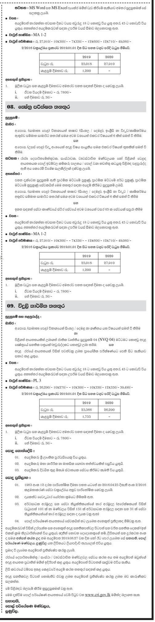 Management Assistant (Book Keeping, Accounting, Auditing), Senior Research Officer, Estate Superintendent, Technological Officer (Electrical), Field Supervisor, Electrician, Additional Director - Coconut Research Institute