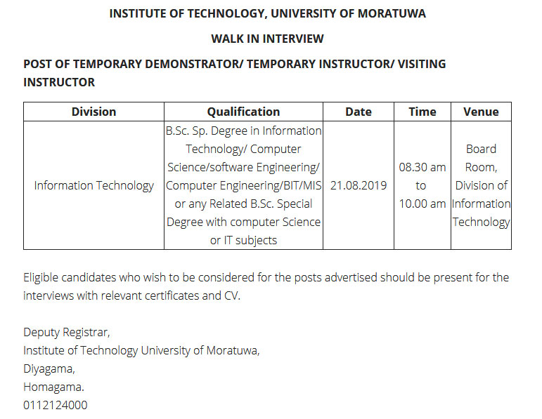 Demonstrator, Instructor, Visiting Instructor - University of Moratuwa