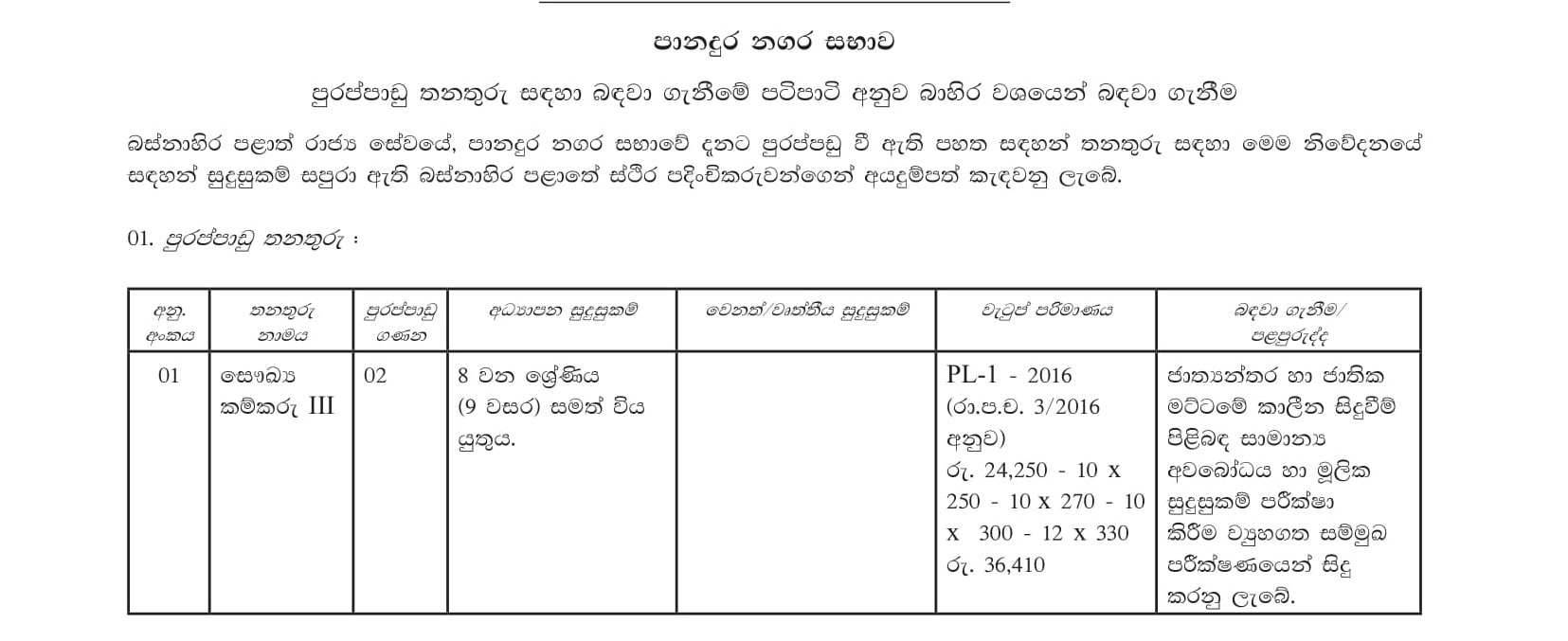 Office Work Assistant, Health Labourer, Work/Field Labourer, Watchman, Driver, Heavy Duty Equipment Operator - Panadura Urban Council