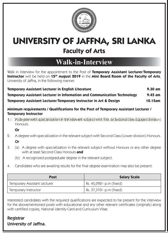 Assistant Lecturer, Instructor - University of Jaffna