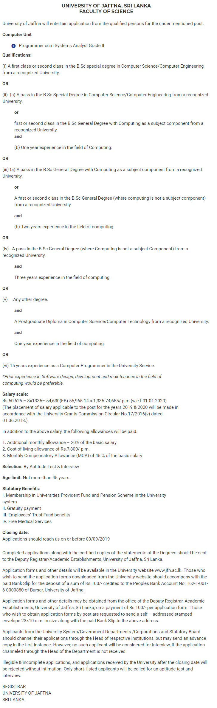 Programmer cum Systems Analyst - University of Jaffna