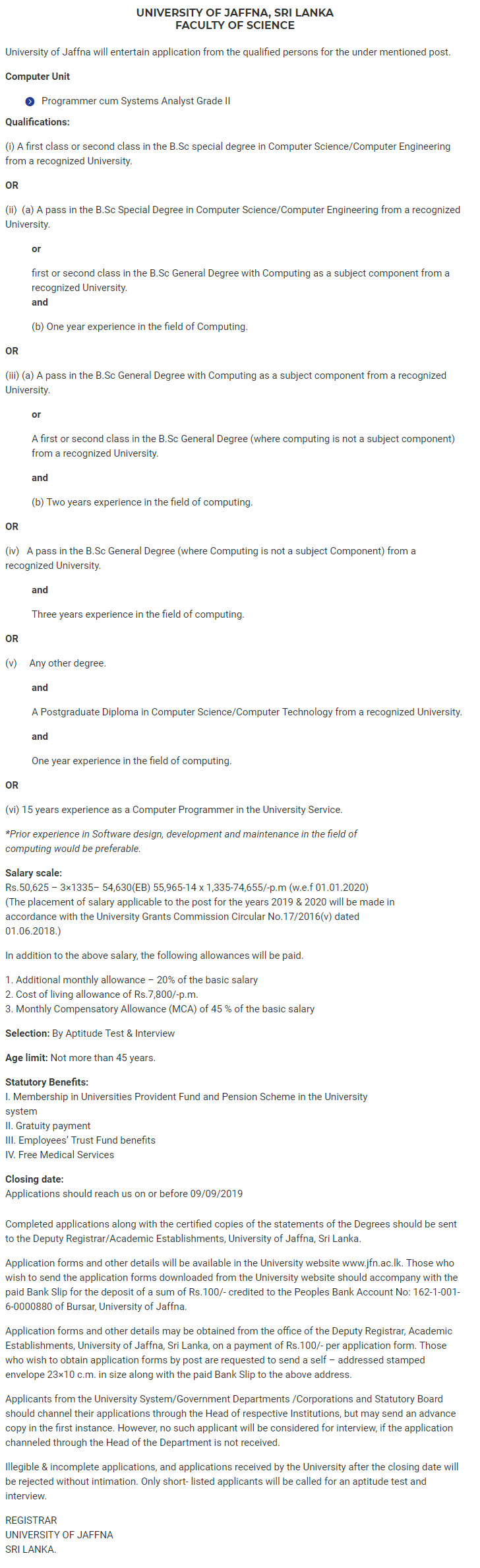 Programmer cum Systems Analyst - University of Jaffna