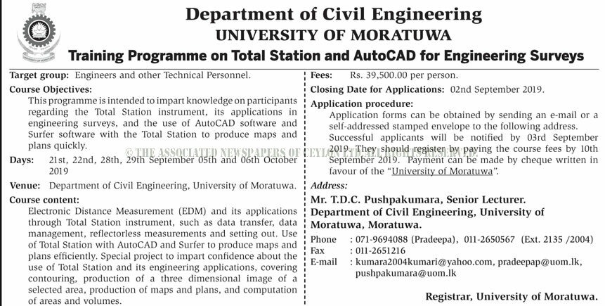 Training Programme on Total Station & AutoCAD for Engineering Surveys - University of Moratuwa