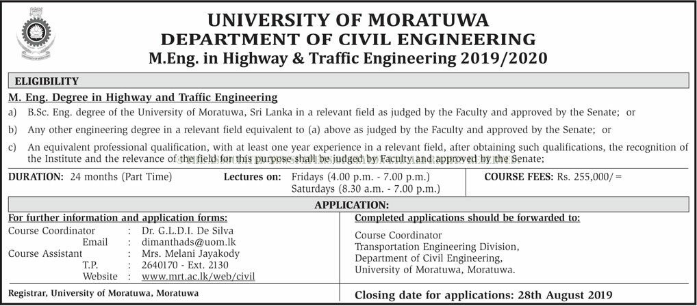 M.Eng. in Highway & Traffic Engineering 2019/2020 - University of Moratuwa