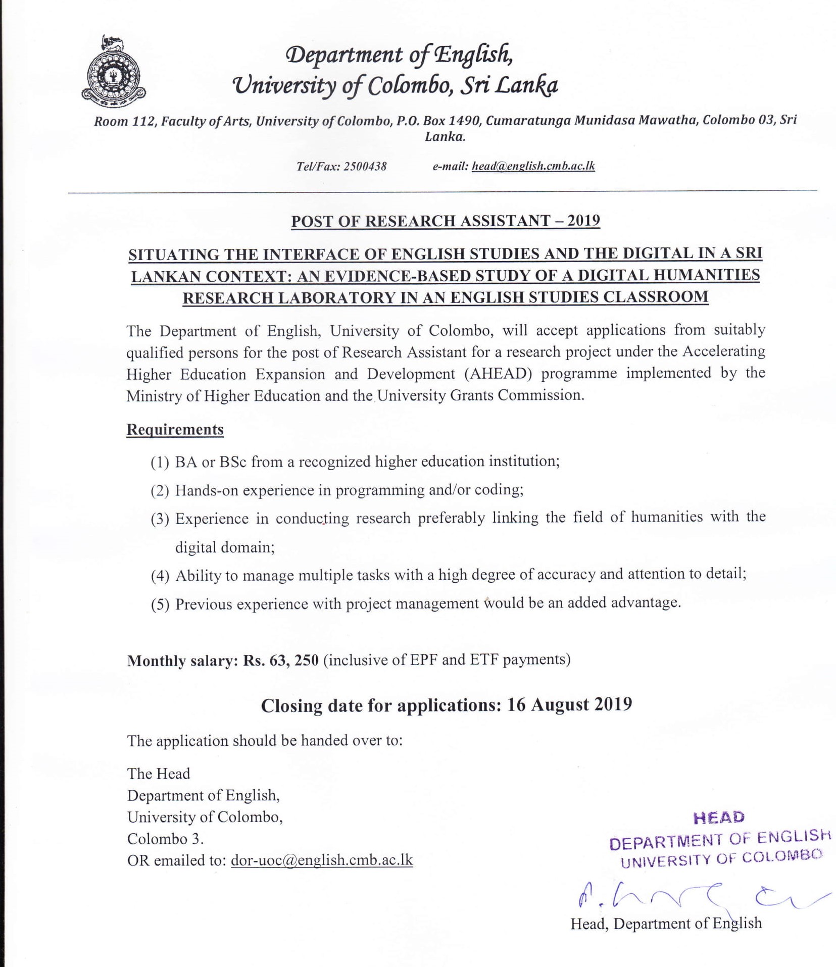 Research Assistant - University of Colombo