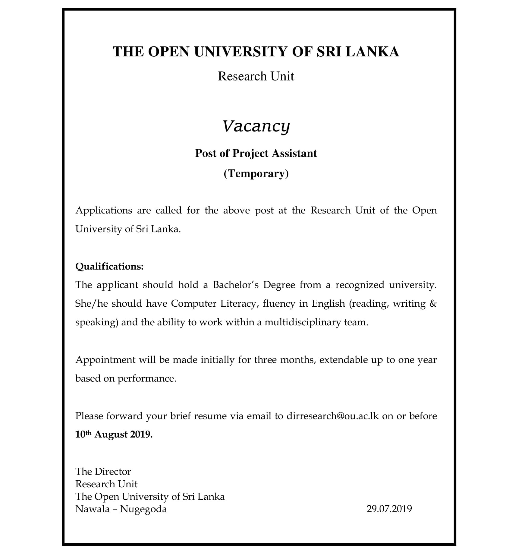 Project Assistant - Open University of Sri Lanka