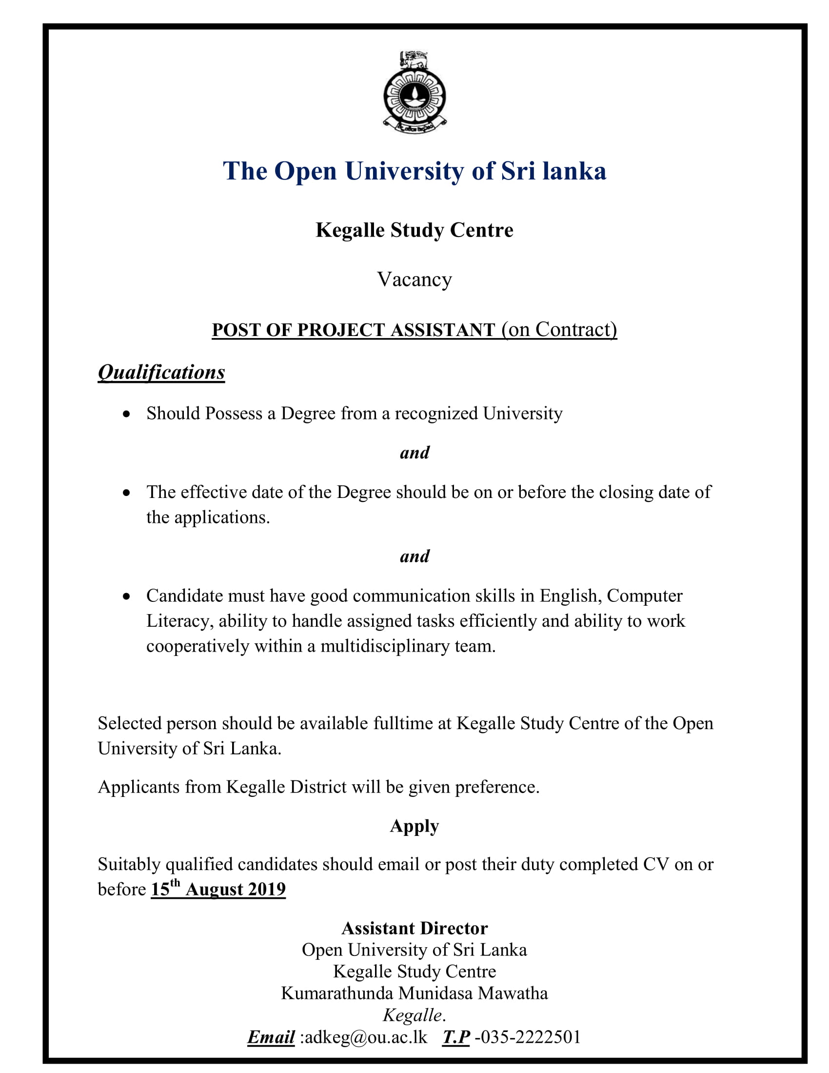 Project Assistant - Open University of Sri Lanka