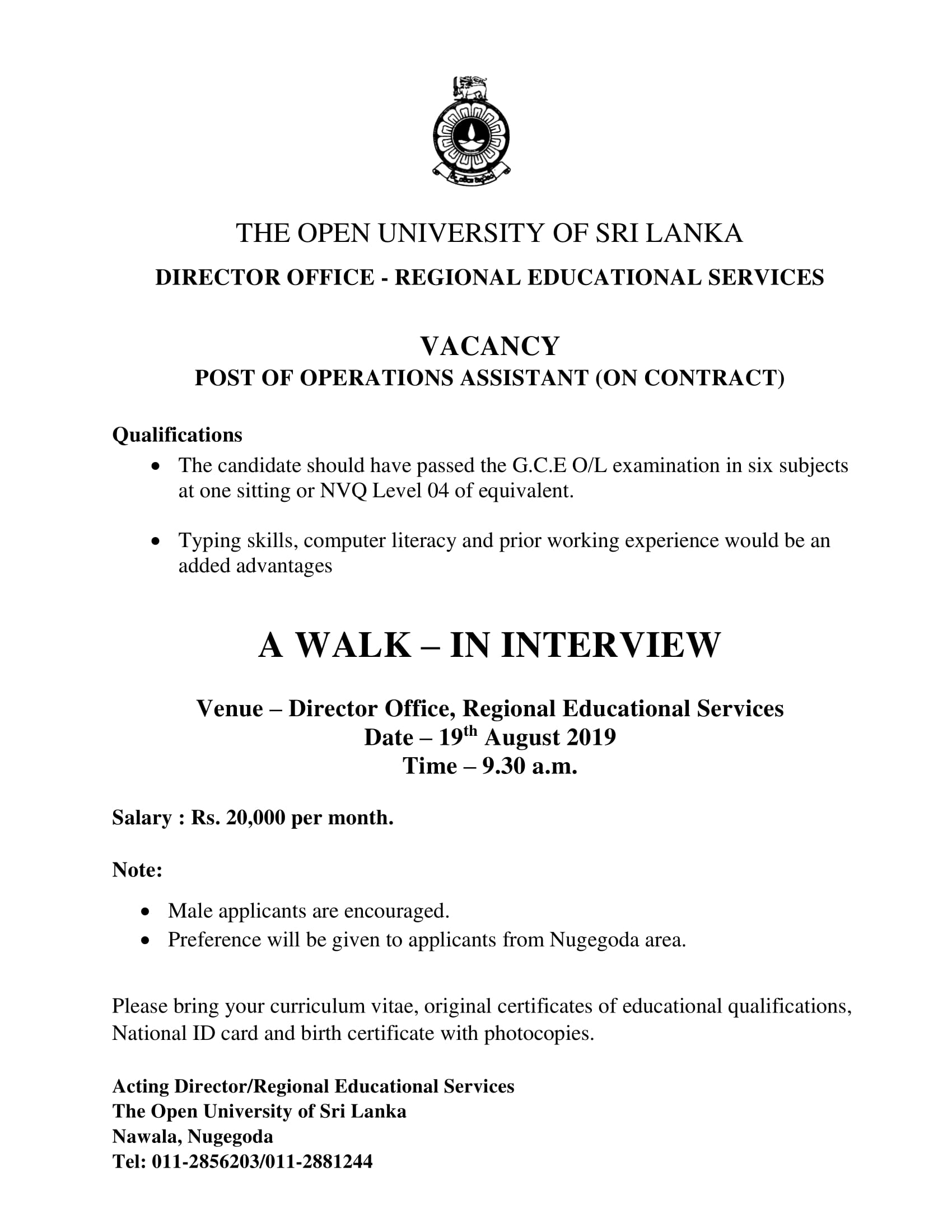 Project Assistant, Operations Assistant - Open University of Sri Lanka