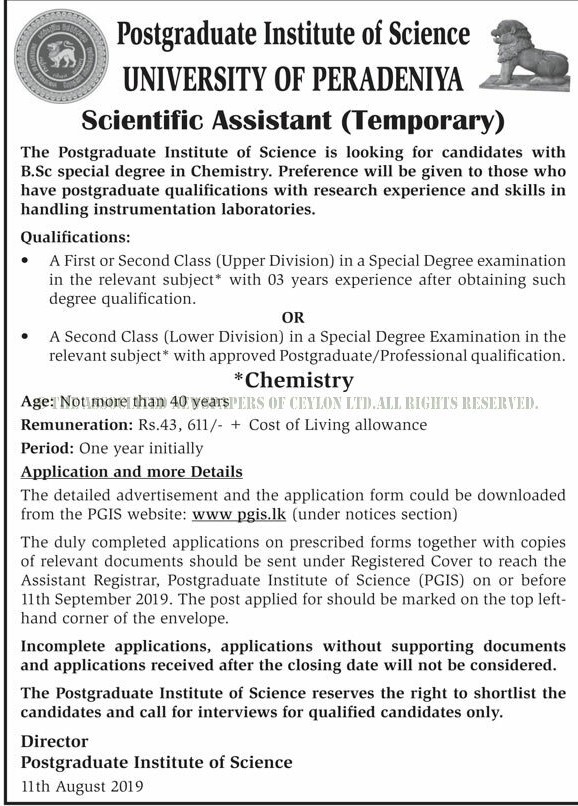 Scientific Assistant - Postgraduate Institute of Science - University of Peradeniya