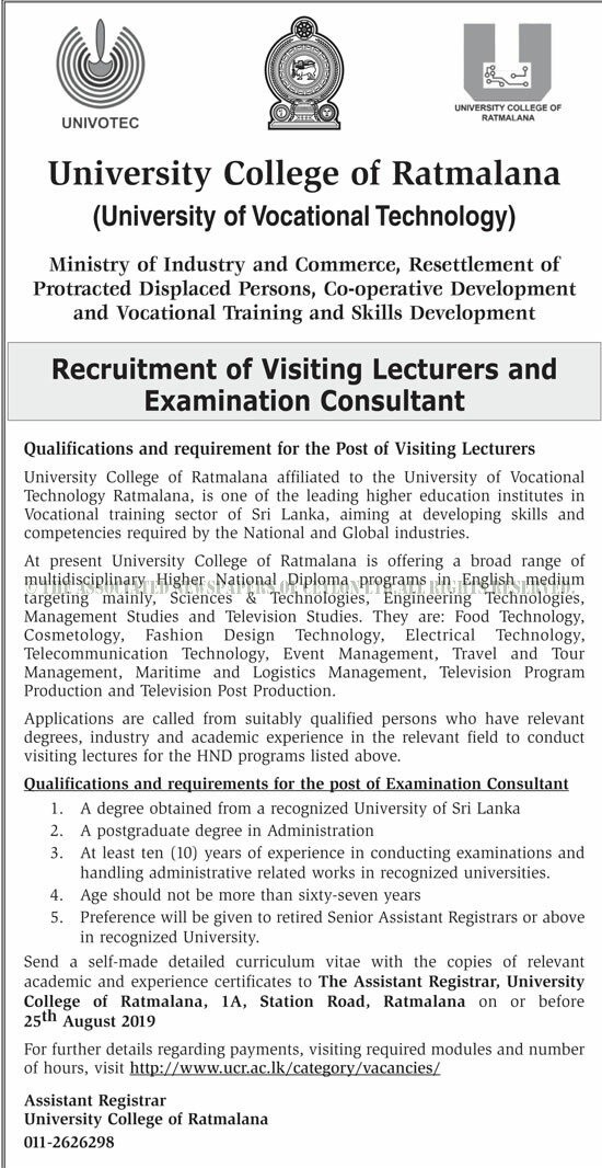 Visiting Lecturer, Examination Consultant - University College of Ratmalana