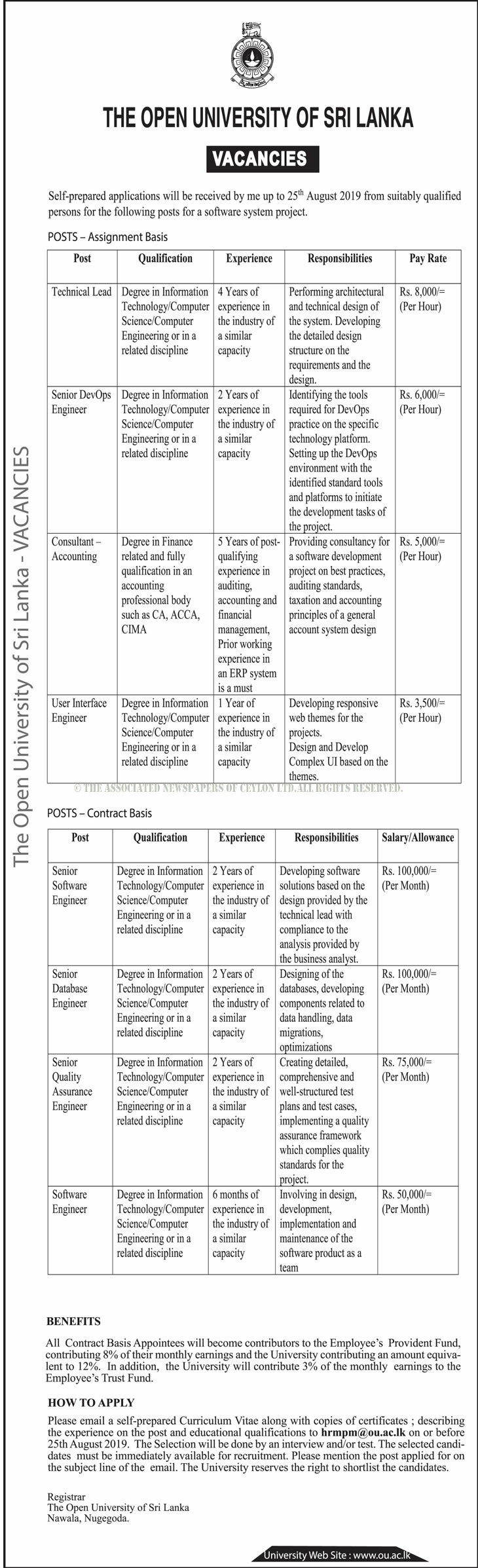 Technical Lead, Senior DevOps Engineer, Consultant Accounting, User Interface Engineer, Senior Software Engineer, Senior Database Engineer, Senior Quality Assurance Engineer, Software Engineer - Open University of Sri Lanka