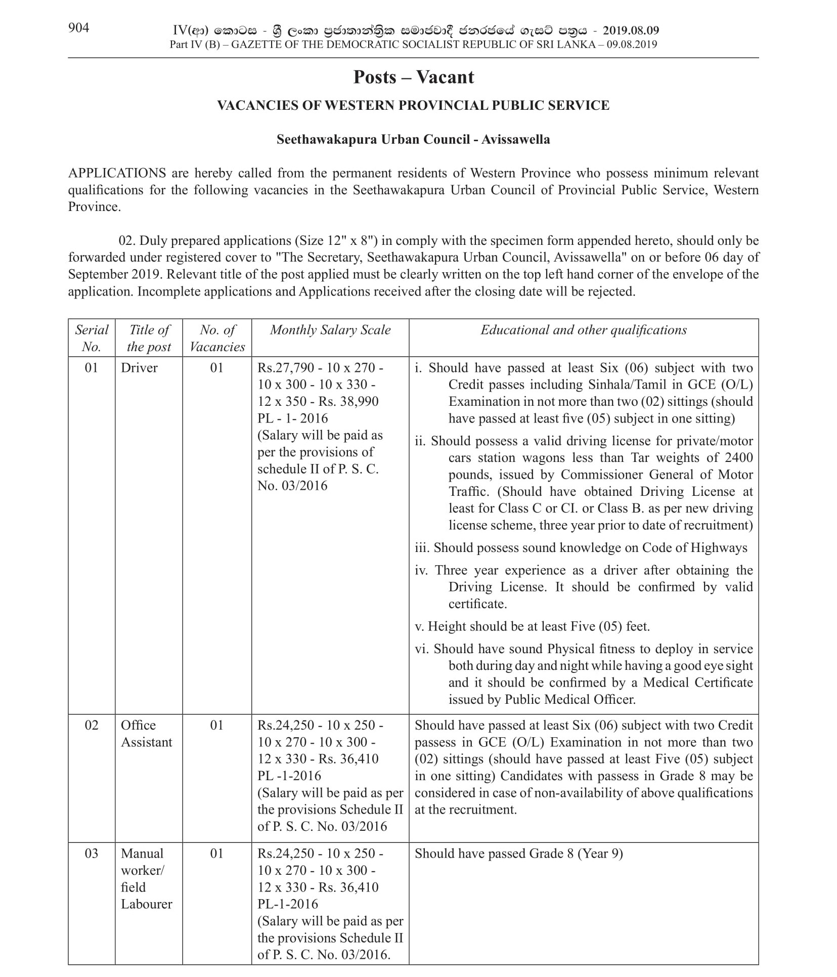 Office Assistant, Driver, Manual Worker/Field Labourer, Sanitary Labourer - Seethawakapura Urban Council