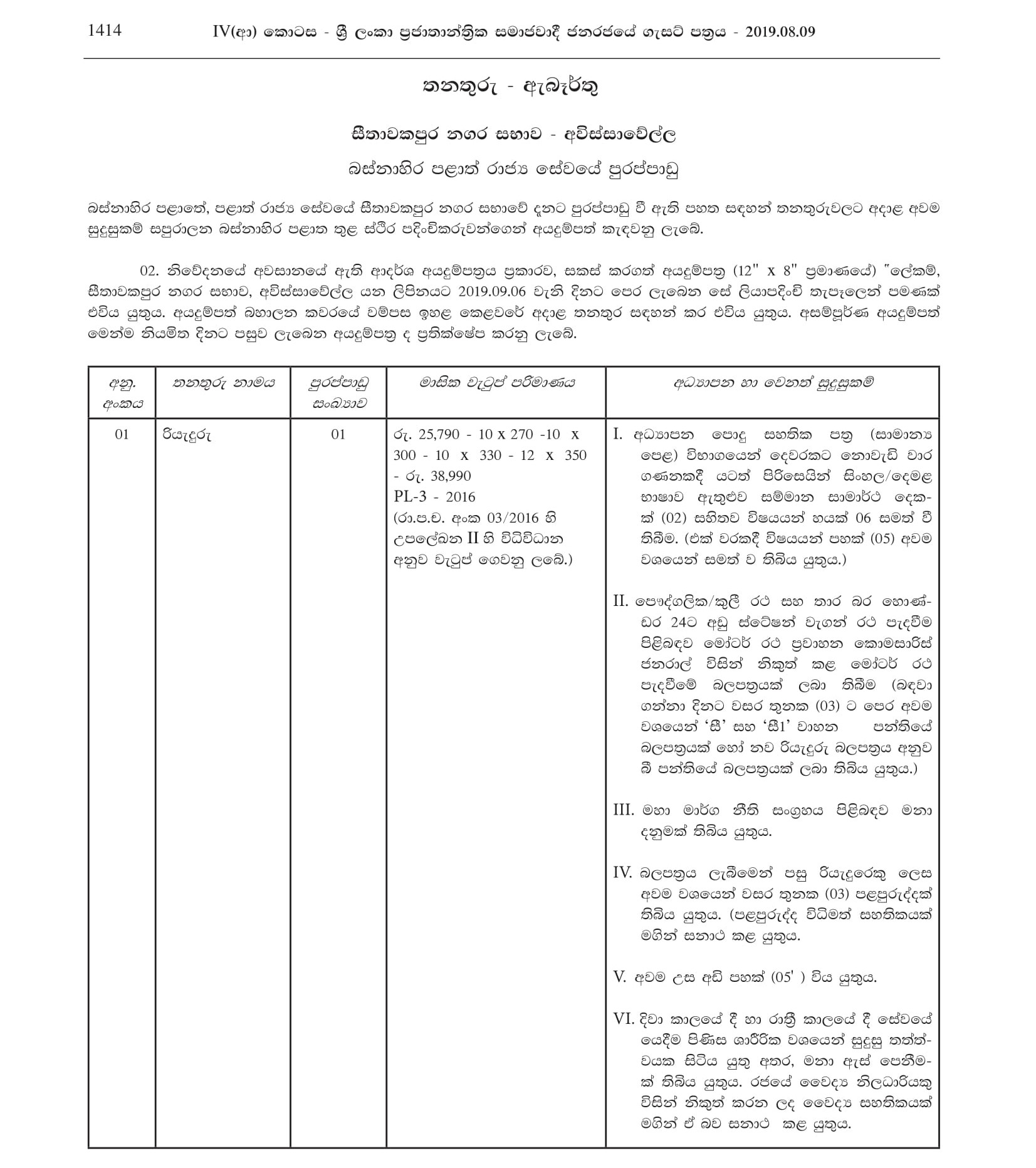 Office Assistant, Driver, Manual Worker/Field Labourer, Sanitary Labourer - Seethawakapura Urban Council