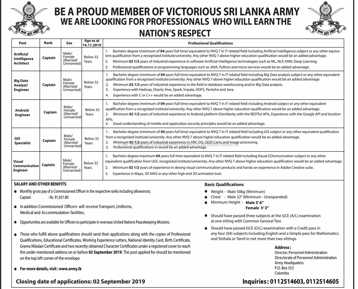 Artificial Intelligence Architect, Bio Data Analyst/Engineer, Android Engineer, GIS Specialist, Visual Communication Engineer - Sri Lanka Army