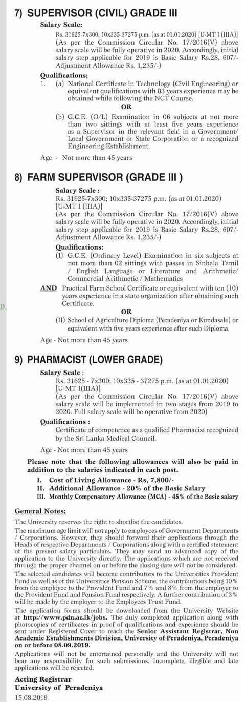 Management Assistant (Book keeping), Technical Officer (ICT, Civil, Mechanical, Chemical), Supervisor (Civil), Farm Supervisor, Pharmacist, Assistant Farm Manager - University of Peradeniya