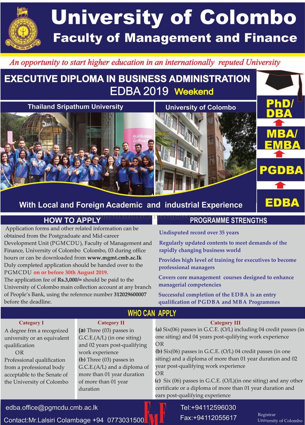 Executive Diploma in Business Administration EDBA 2019 - Faculty of Management & Finance - University of Colombo