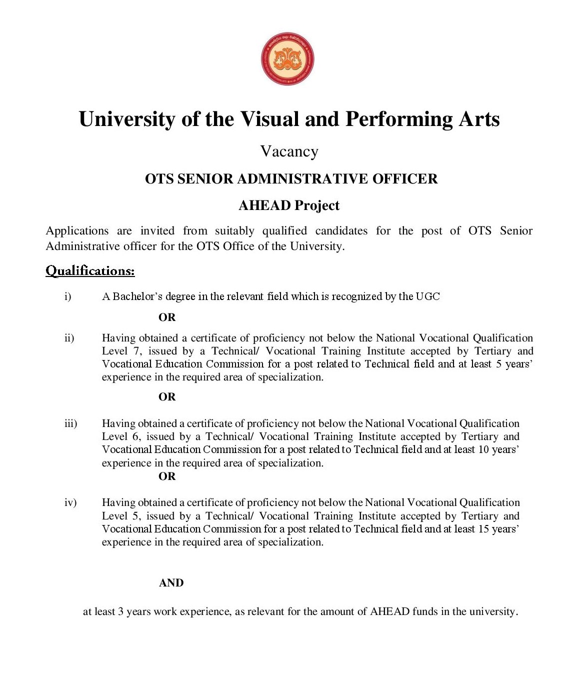 OTS Senior Administrative Officer - University of the Visual & Performing Arts