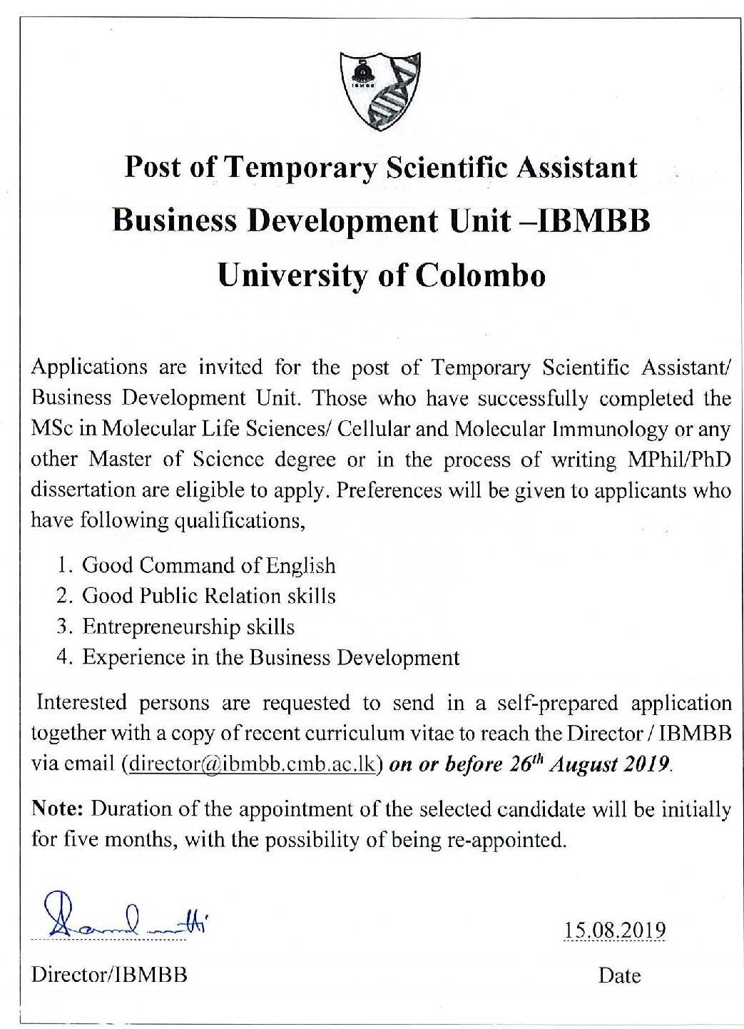 Scientific Assistant - University of Colombo