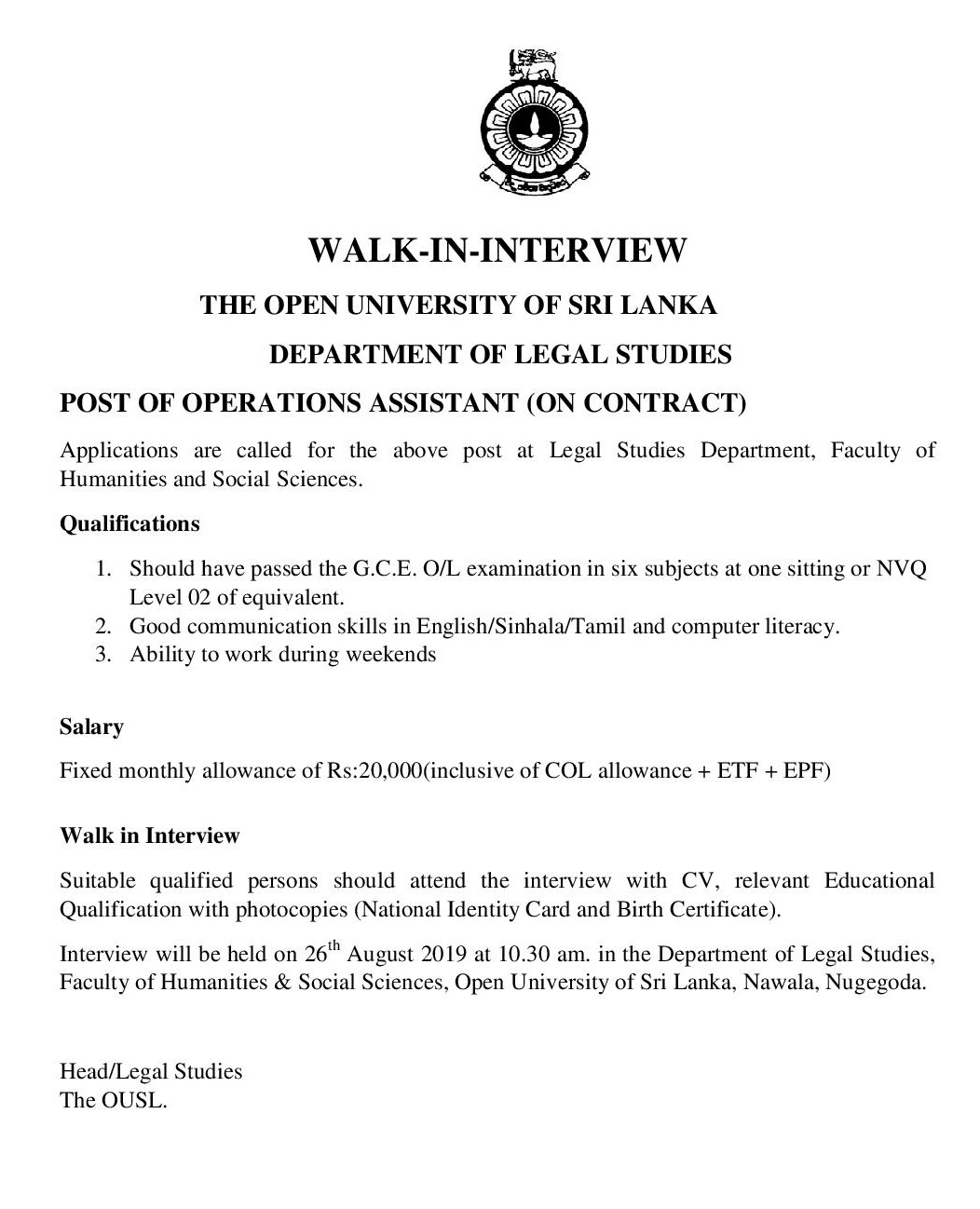 Operations Assistant - The Open University of Sri Lanka