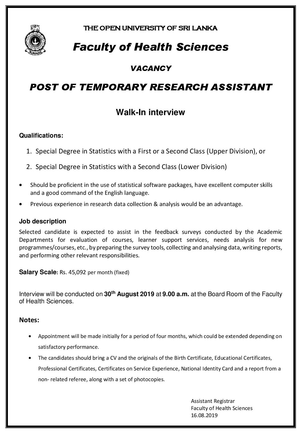 Research Assistant -The Open University of Sri Lanka