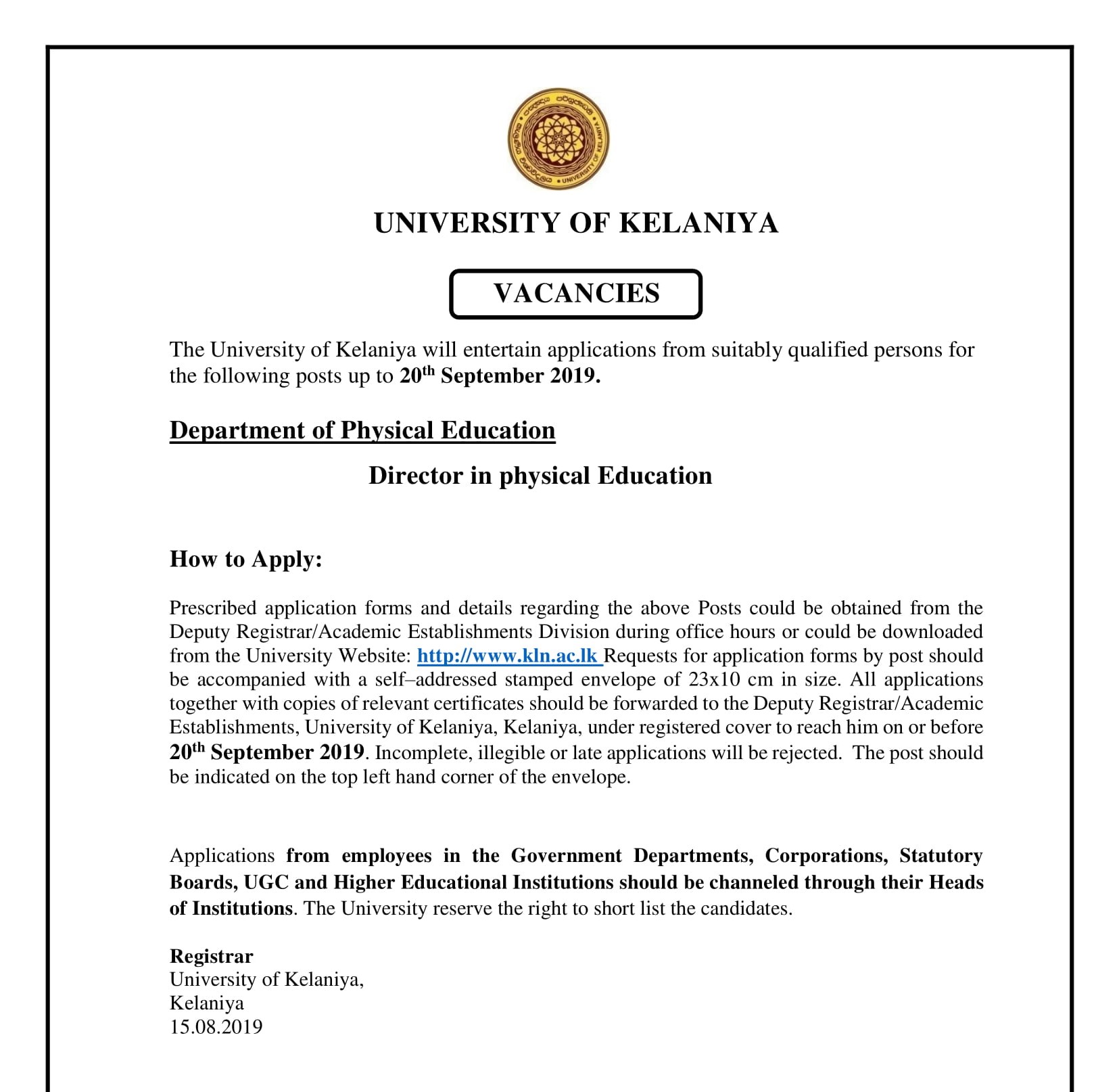 Director in Physical Education - University of Kelaniya