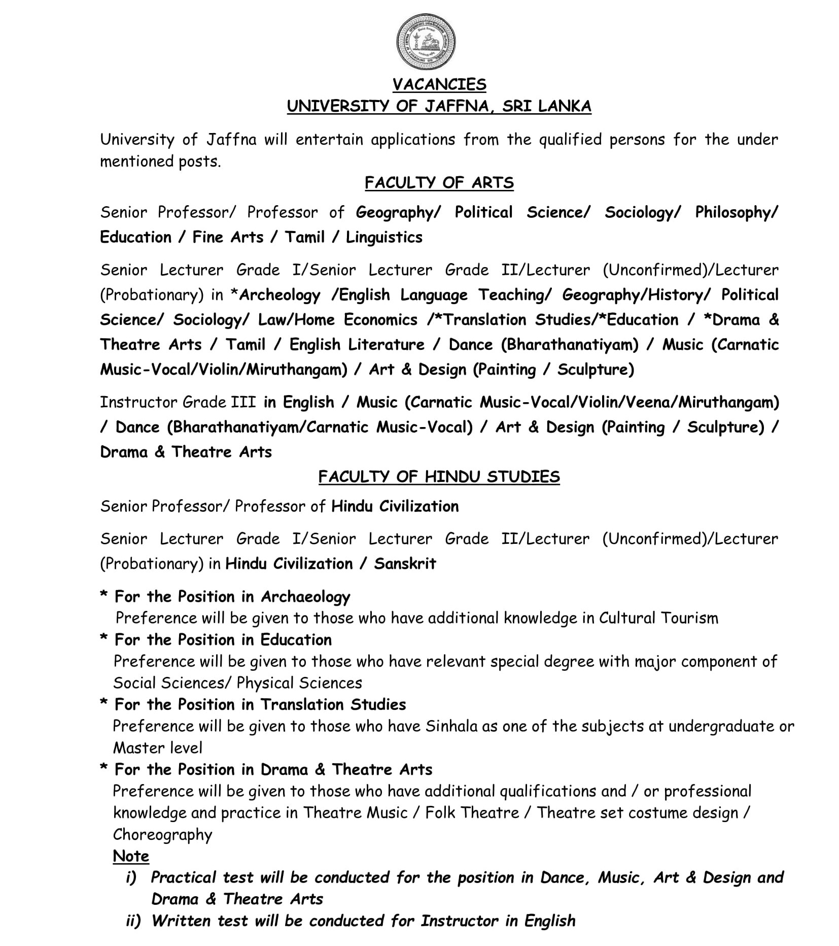 Senior Professor, Professor, Senior Lecturer, Lecturer, Instructor - University of Jaffna