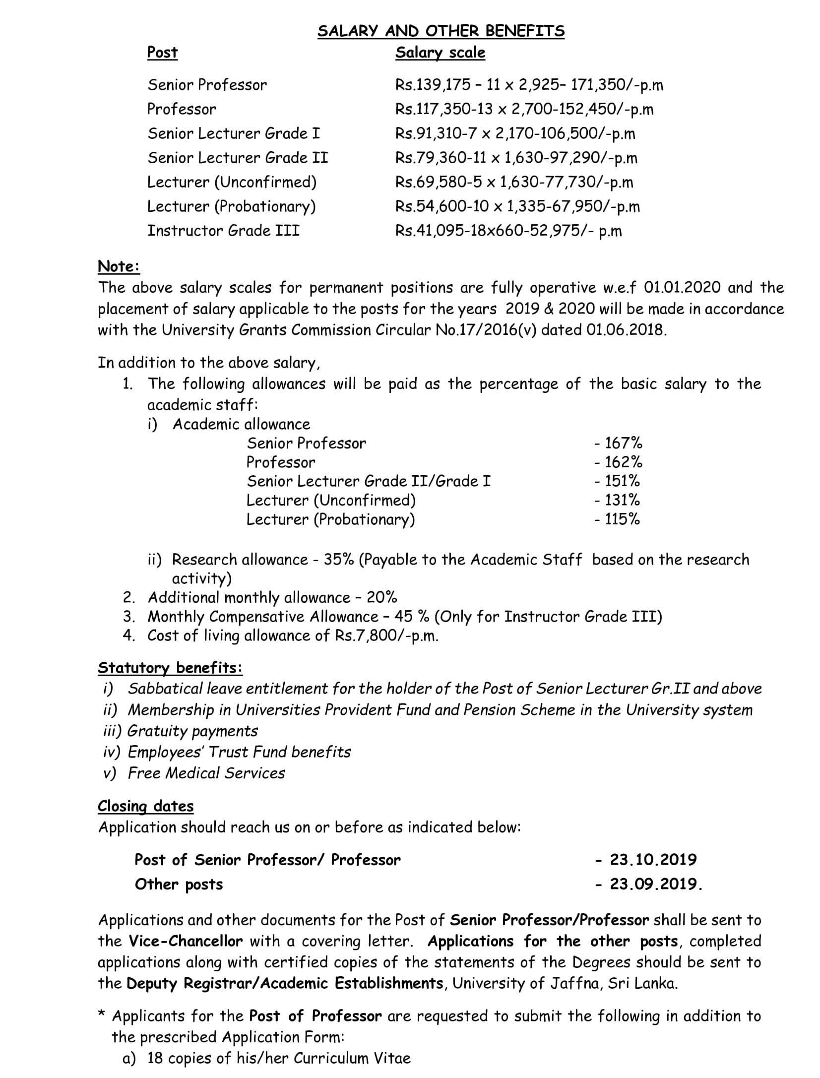 Senior Professor, Professor, Senior Lecturer, Lecturer, Instructor - University of Jaffna