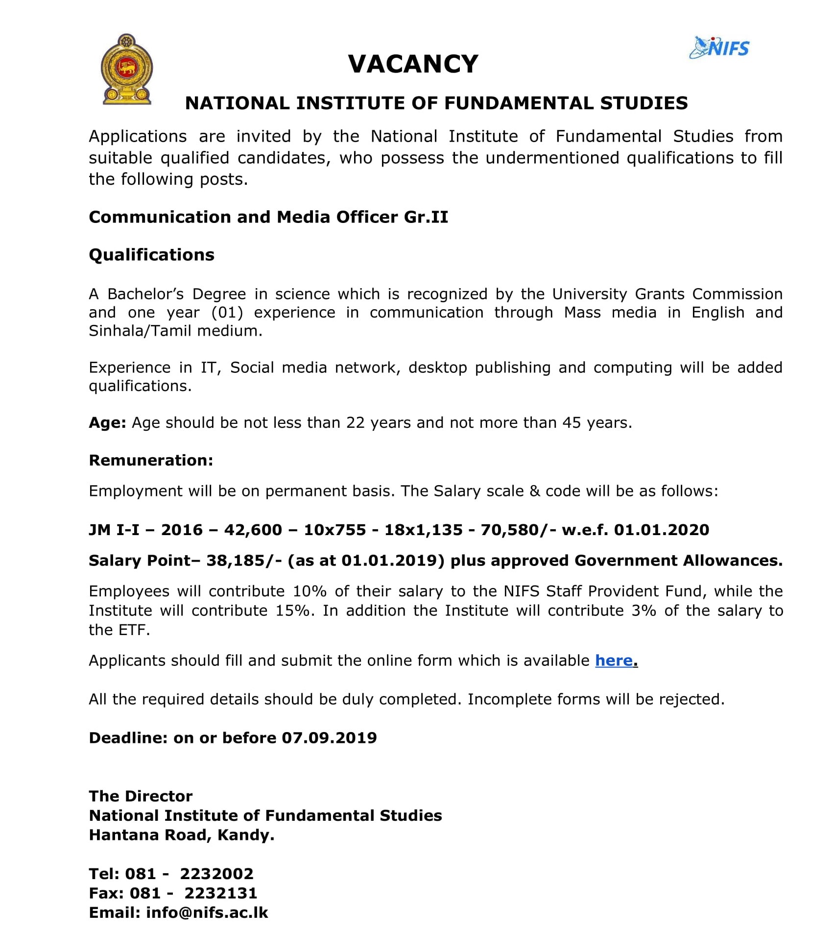 Communication & Media Officer - National Institute of Fundamental Studies