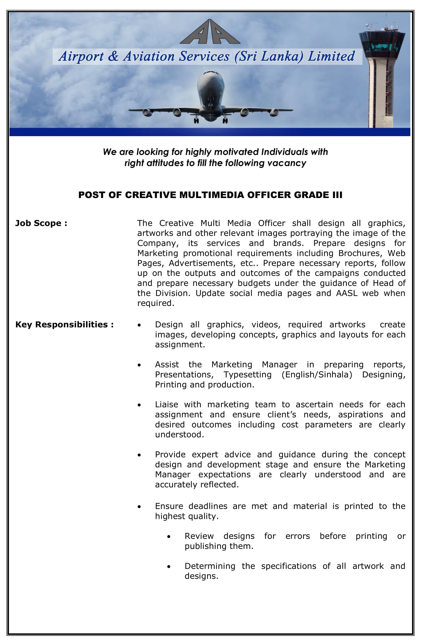 Creative Multimedia Officer - Airport & Aviation Services (Sri Lanka) Limited