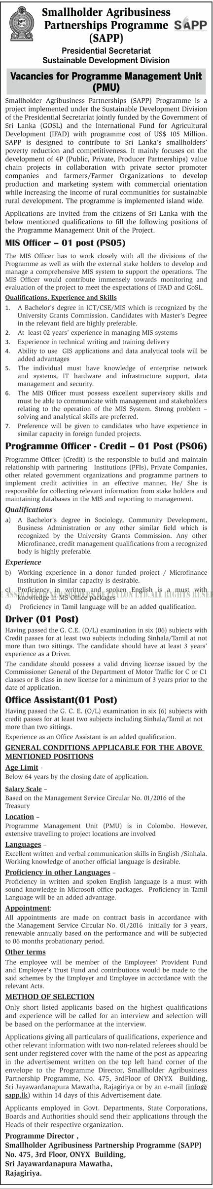 MIS Officer, Programme Officer (Credit), Driver, Office Assistant - Smallholder Agribusiness Partnerships Programme - Presidential Secretariat