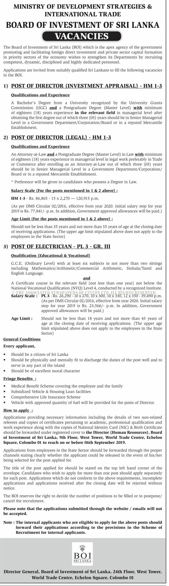 Director (Investment Appraisal, Legal), Electrician - Board of Investment of Sri Lanka