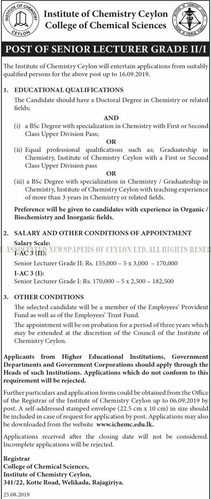 Senior Lecturer - Institute of Chemistry Ceylon